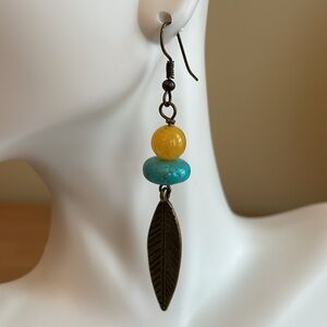 HAND CRAFTED BOHEMIAN BEADED EARRINGS Antique Brass Turquoise Yellow Chalcedony
